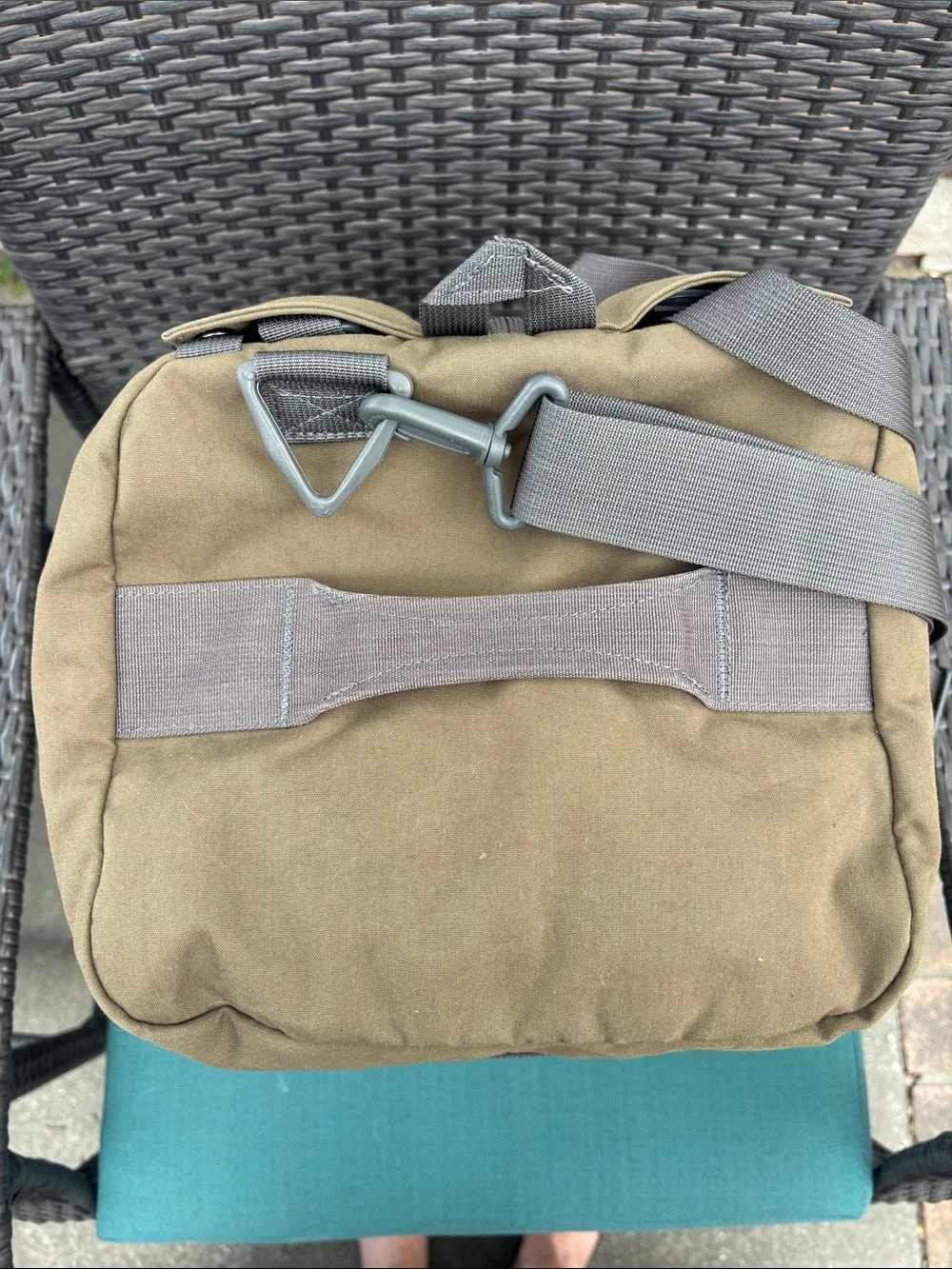 cotopaxi Olive Brown Canvas Duffel Bag with Gray Straps